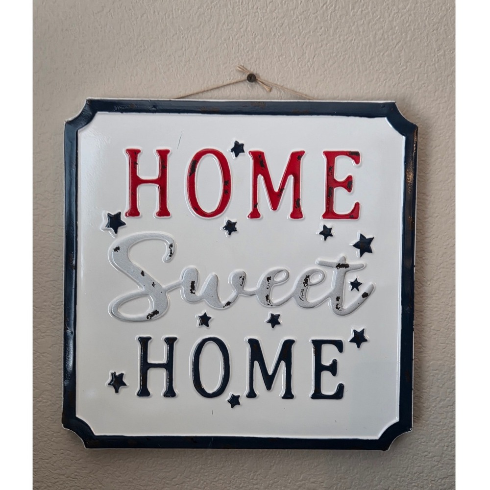 Home Sweet Home Metal Wall Sign Patriotic Red White Blue Farmhouse Decor